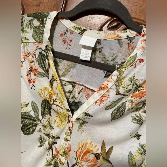 H&M Floral Sheer Blouse Tunic Top bird hummingbird cream green orange yellow - Picture 4 of 12